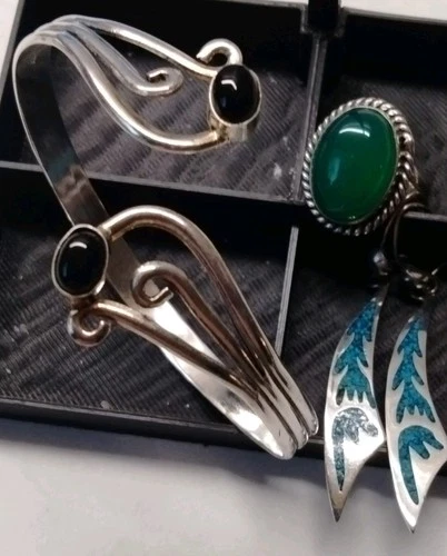 Vintage 925 Sterling Silver Green Stone Enamel Jewelry Set Bracelet Ring