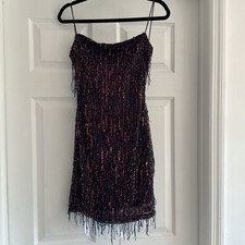 NWT WINDSOR Blue Khloe Sequin Fringe Party Mini Dress L