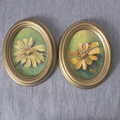 Pair  Vtg Action-Lobeco Mini Oval Framed Floral Oil Paintings Italy Cottagecore 