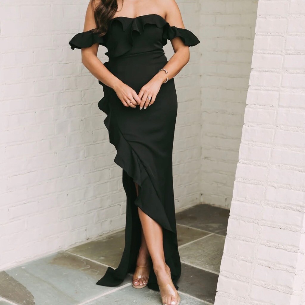 off the shoulder sweetheart neckline black dress Off The Shoulder Sweetheart Neckline Gown by Cinderella Divine CD803