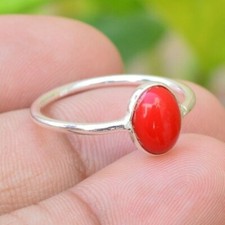 Natural Coral Gemstone 925 Sterling Silver Handmade Boho Ring Jewelry Gift D-847