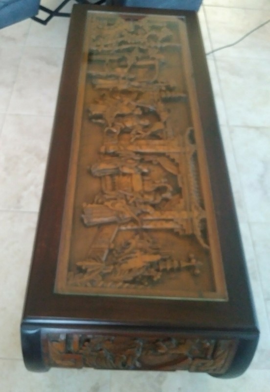 ORIENTAL CARVED WOOD COFFEE TABLE W/ 2 END TABLES BY FAR EASTERN FURNISHINGS CO.