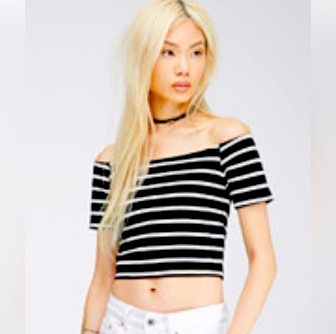 Horizontal black and white striped off the shoulder crop top by Forever 21 small