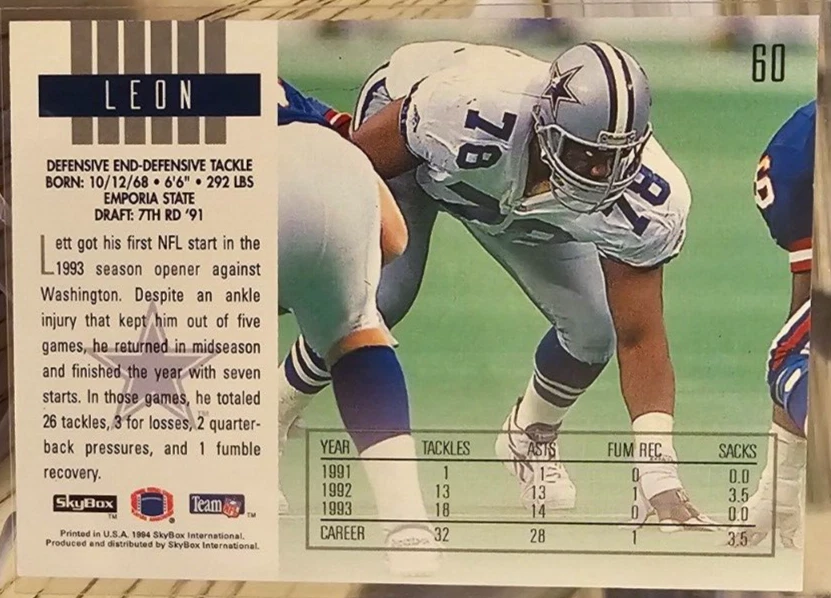 1994 Skybox Impact Leon Lett #60 Cowboys - Image 2 of 2