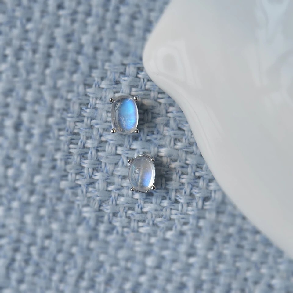 Moonstone Silver Oval Stud Earrings for Women with Natural Blue Glow