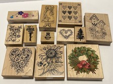 Rubber Wood Mounted Stamps Lot-12 Garden, Flowers Quilt Wreath Birdhouse Tree