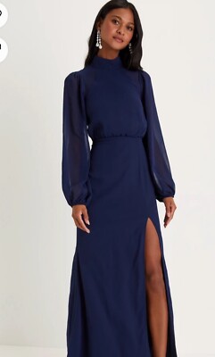 NEW! Lulus Navy Maxi Dress With Sheer Long Sleeves. Size Medium. Runs Small