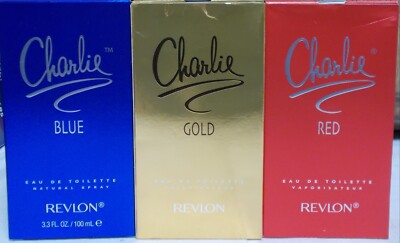 Revlon Charlie EAU DE Toilette Red-Blue-Gold 3.3 fl.oz Bottles