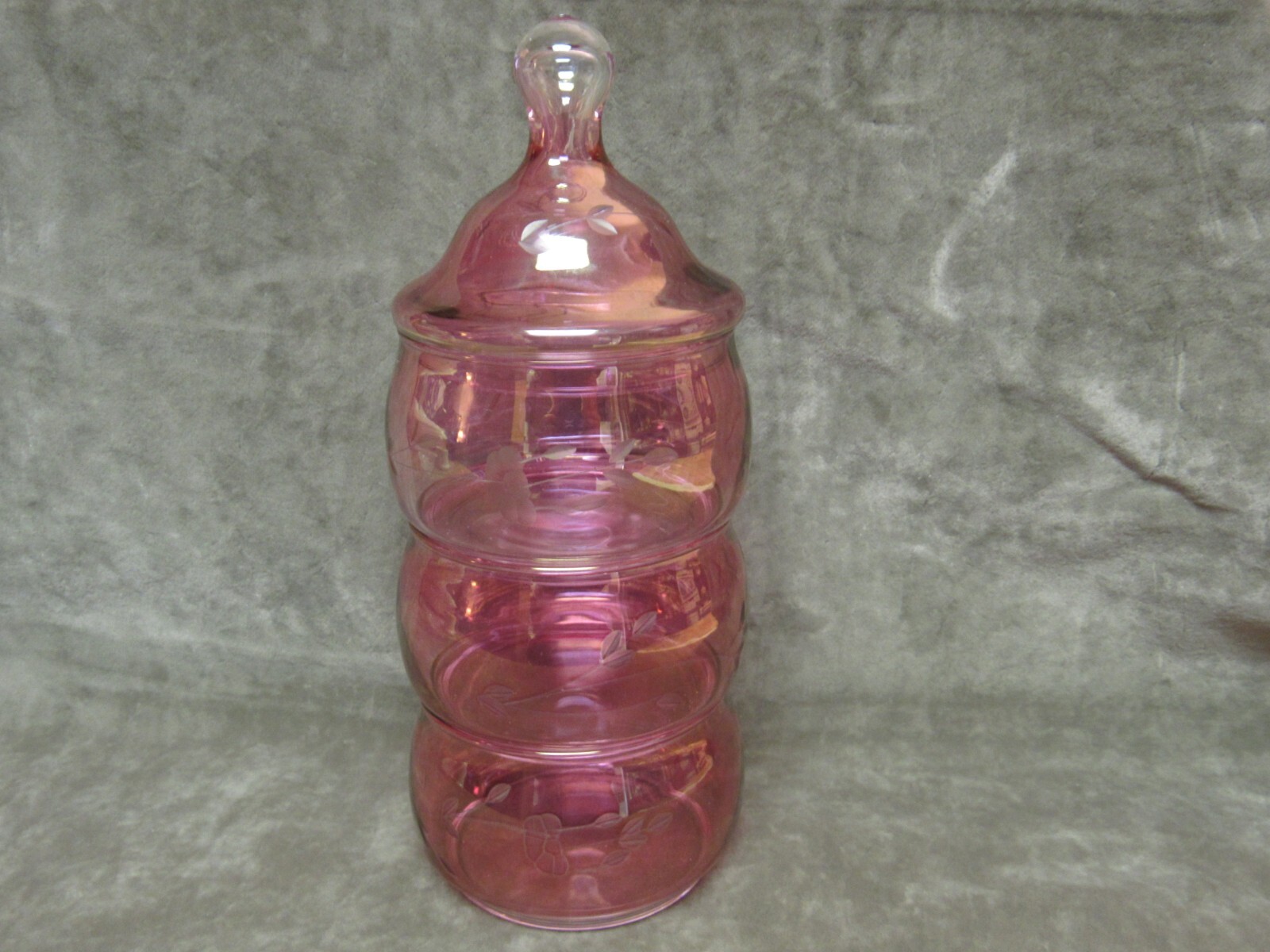 1960's Princess House Cranberry Stain Cut Floral 3 Tier Stacking Candy Jar w/Lid