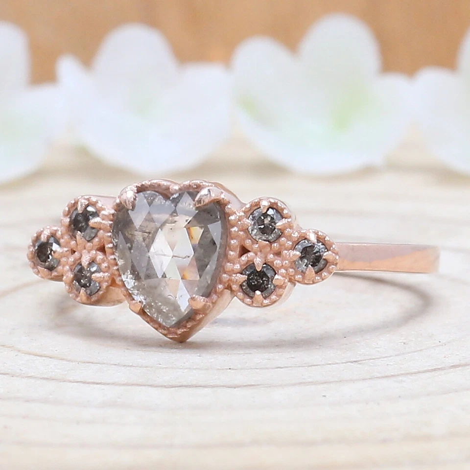 0.65 Ct Heart Salt And Pepper Diamond Ring 14K Rose Gold Engagement Gift Ring - Image 2 of 4