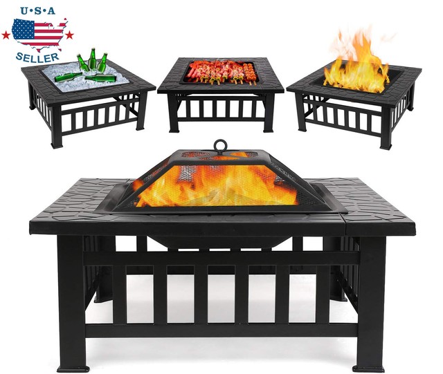 Double Fire Pit Patio Burner With Bbq Grill Home Garden Round Wood