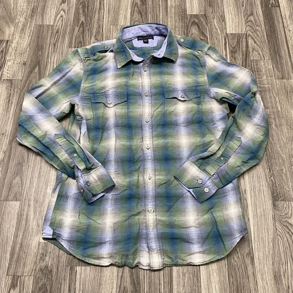 Camisa de vestir a cuadros verde y azul con botones BANANA REPUBLIC para hombre talla M 15-15,5 Foto 2 de 4