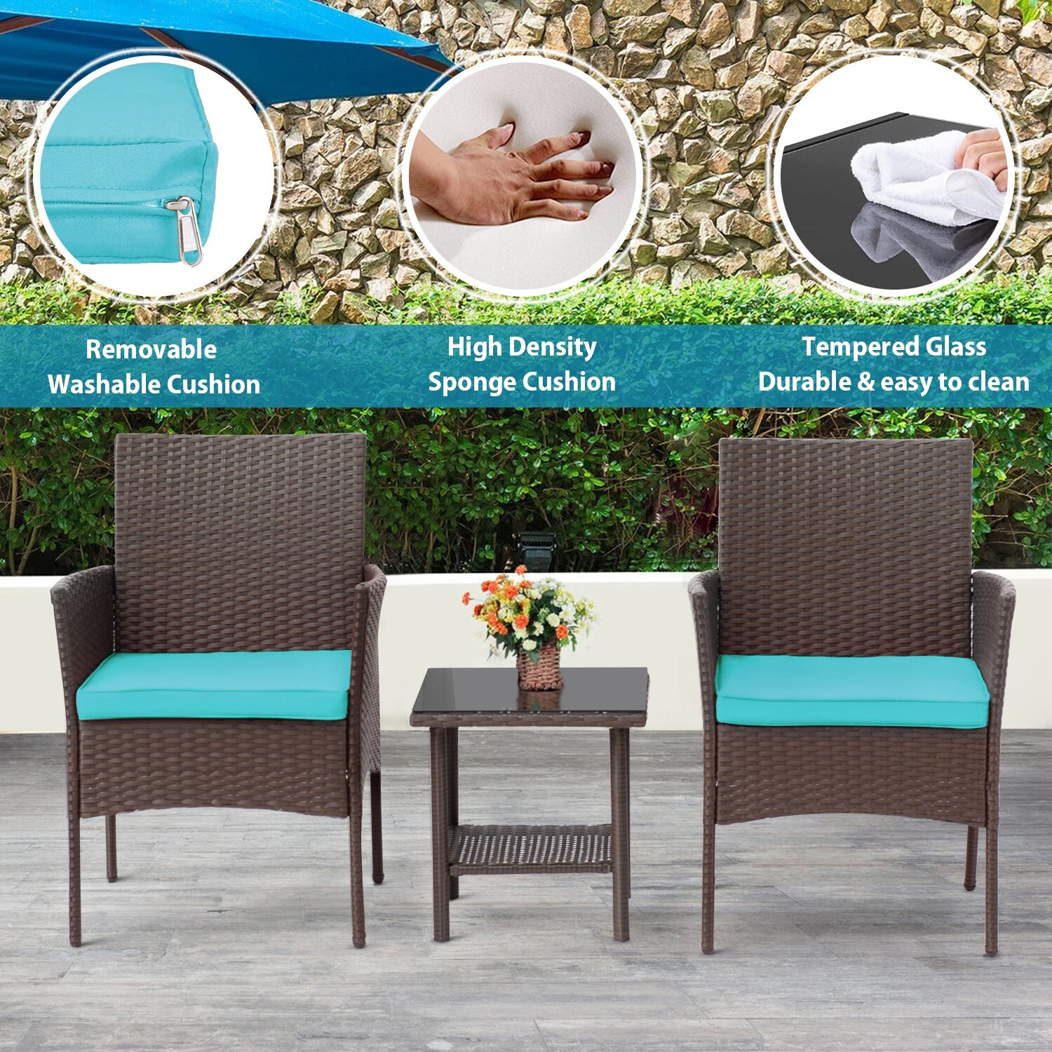 3 Piece Outdoor Furniture Set Patio Brown Wicker Chairs Furniture Bistro, Set 2