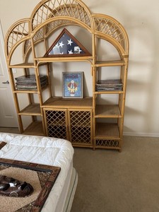 Rattan Etagere Bookcase w/ Cabinet Doors, Freestanding Brown 12-Shelf 75.5"