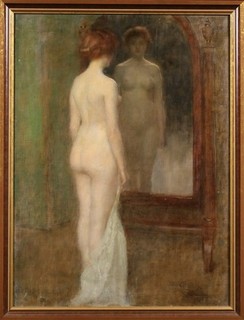 LOUIS PICARD (1861 1940) LARGE SIGNED FRENCH OIL ON CANVAS NUDE REFLECTIONS