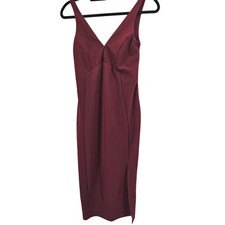 Lulus Burgundy V Neck Babydoll Holiday Midi Dress Side Slit XS Romantic Vamp