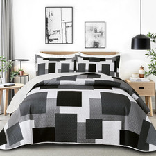 3 Piece Black Grey Quilt Set Full/Queen Size Black White Geometric Reversible Be