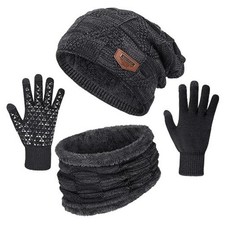 Winter Hats for Men, 3 PCS Fleece Beanie Scarf Gloves Set - 3-in-1 B-black