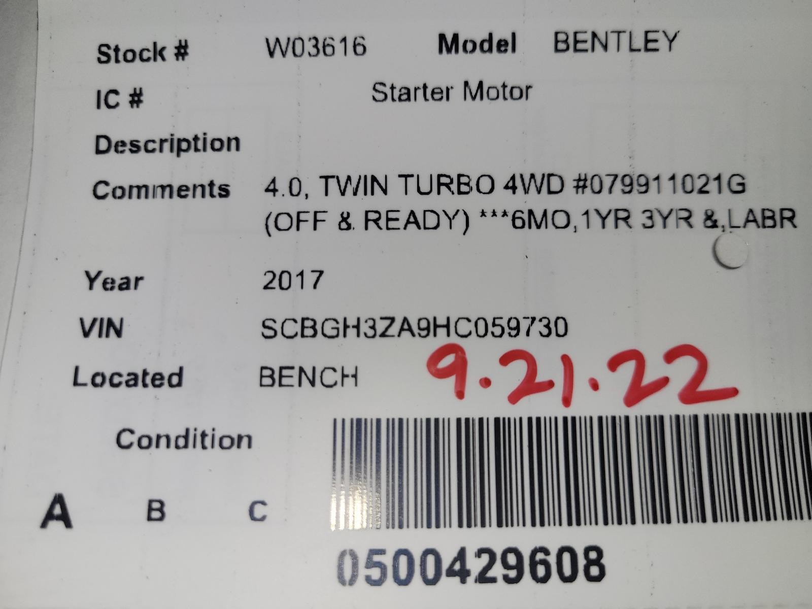 Used Starter Motor fits: 2017 Bentley CONTINENTAL GT  Grade A