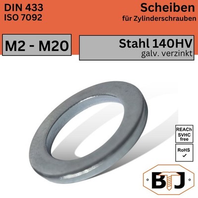 DIN 433 - Unterlegscheiben Stahl galv. verz. 140HV Zylinderkopfschraube M2 - M20