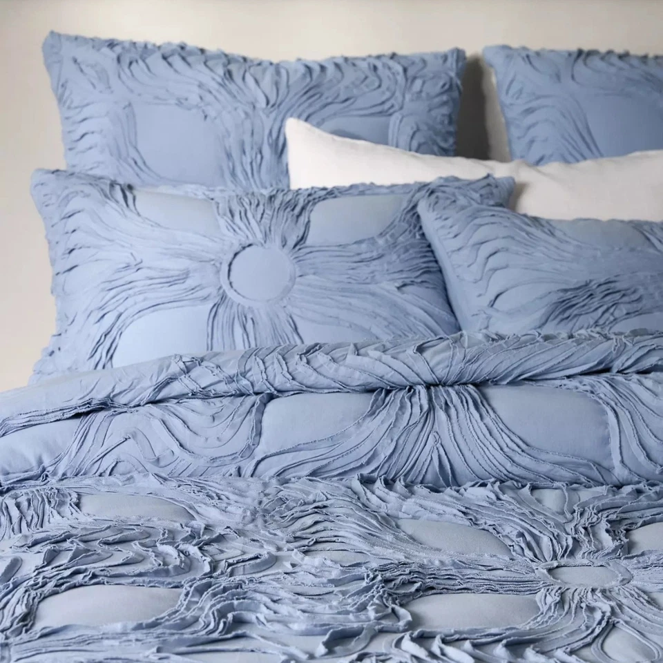 Edredón de algodón Anthropologie Stacy - King - Azul - Cosido acanalado - Nuevo con etiquetas Foto 2 de 4