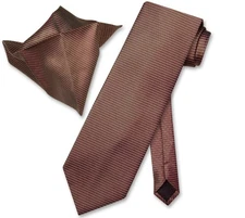 Antonio Ricci NeckTie Handkerchief Brown w Light Brown Ribbed Lines Neck Tie Set