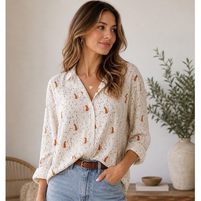 ASOS Cheetah Print Button Down Blouse Boho Whimsical Safari Chic Relaxed Sz 14