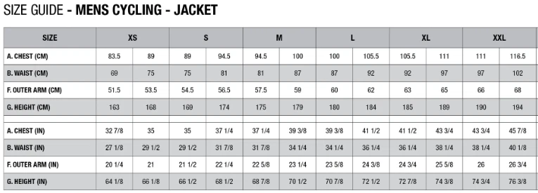 Men's Cycling Jacket Size Chart