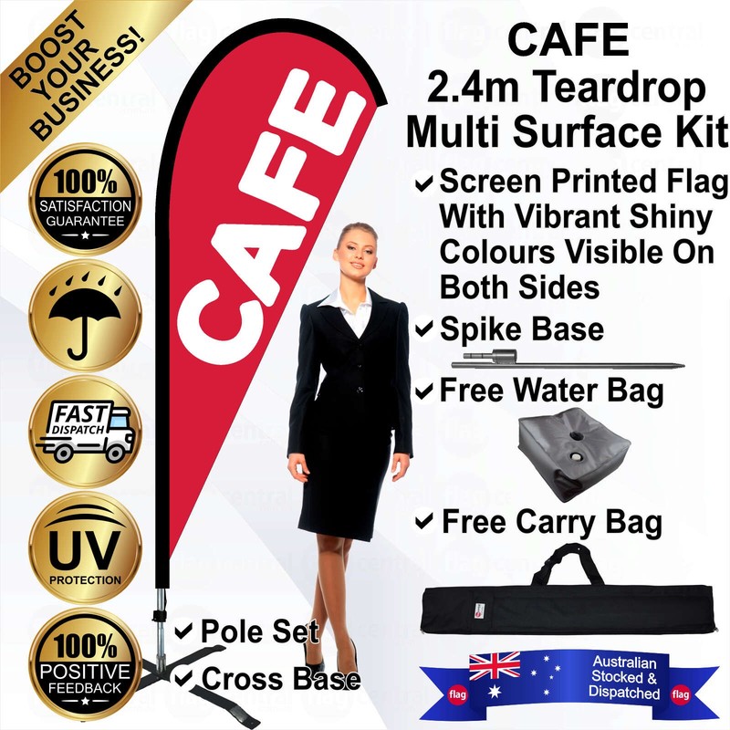K - CAFE Red 2.4m Teardrop Flag / Banner Kit with Pole Set, Galvanised Steel Ground Spike, Steel Outdoor Cross Base, Free 15kg Water Bag and a Free Carry Bag - 1