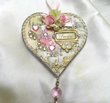 Shabby Chic Victorian~"FOREVER" Heart Ornament~Pearl/AB Rhinestone Trim~Roses
