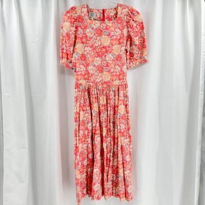 Vtg Laura Ashley Dress Floral Sz 10 Pink Puff Sleeves Midi