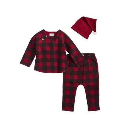 Mud Pie Alpine Village Red Buffalo Check Three-Piece Pants Set Hat 0-3 Months
