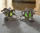 Fabulous green jade gemstone Earrings mcm antique vintage scroll white metal old — photo 2