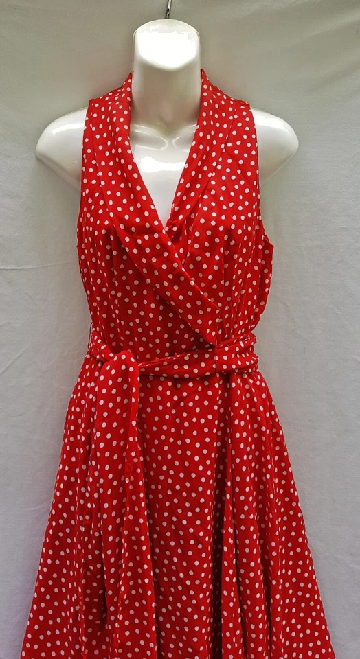 Vestido maxi vintage anos 90 bolinhas fit and flare colarinho xale com cinto tamanho 10 - Imagem 3 de 4