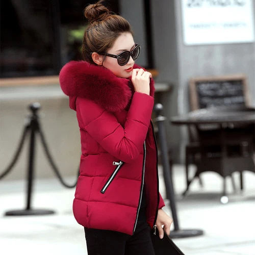 Nuevo Invierno Mujeres Plumón Algodón Cálido Chaqueta Delgada Corto Cuello de Piel Abrigo con Capucha Parka - Imagen 11 de 16