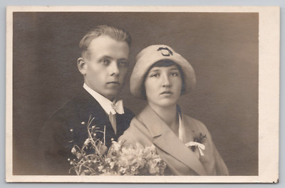 RPPC Lovely Couple Young Bride and Groom Antique Wedding Photo Postcard 1920 S