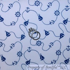 Trapunta BonEful tessuto cotone bianco blu corda ancoraggio barca a vela mare oceano bambino SCRAP