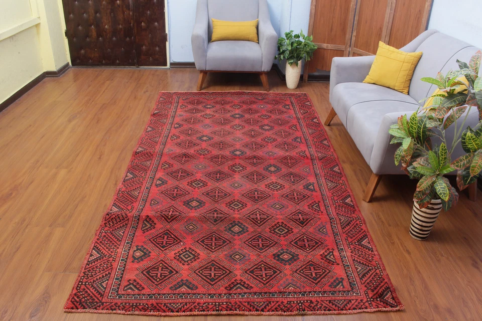 5X9 Vintage Hand Knotted Oriental RED Wool Geometric Traditional Area Rug - Image 2 of 4