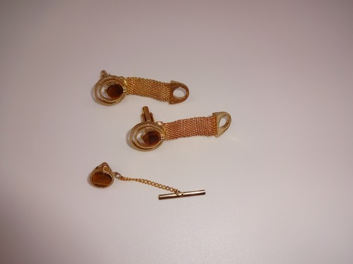 3 Pc Set Vintage Mens Cufflinks Cuff Links & Tie Pin Gold Tone Wrap Around Mesh - Afbeelding 5 van 6