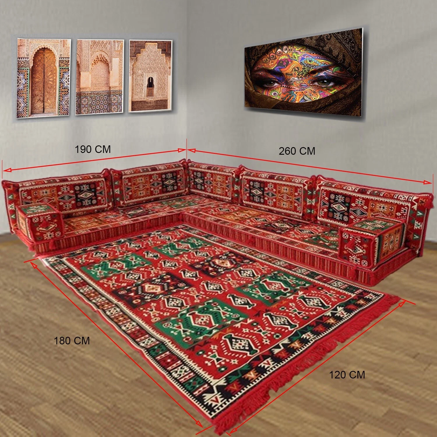 Majlis floor seating,corner sofa set,floor couch,kilim rug,carpet,bohemian decor