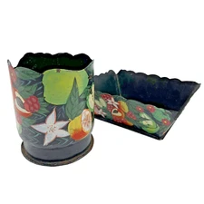 Toleware Black Metal Catchall Tray and Pencil Cup Hand Painted Fruit