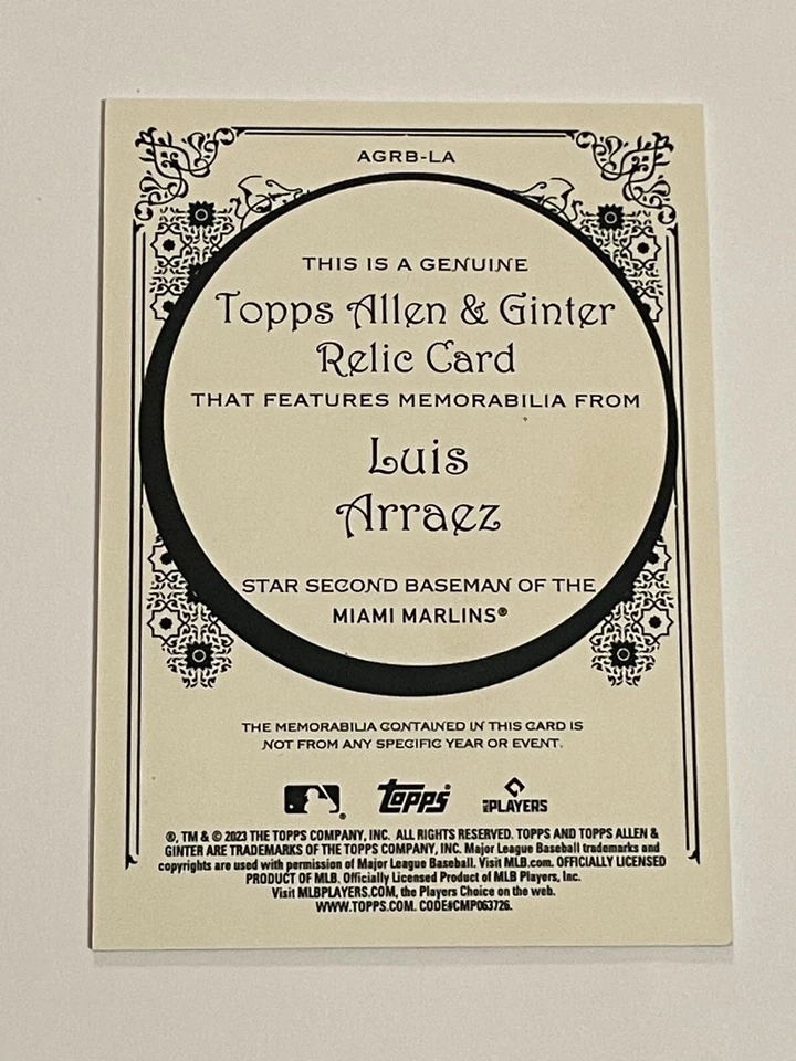 2023 Topps Allen & Ginter Baseball Relic (B) - Luis Arraez - Miami Marlins - Image 2 of 2