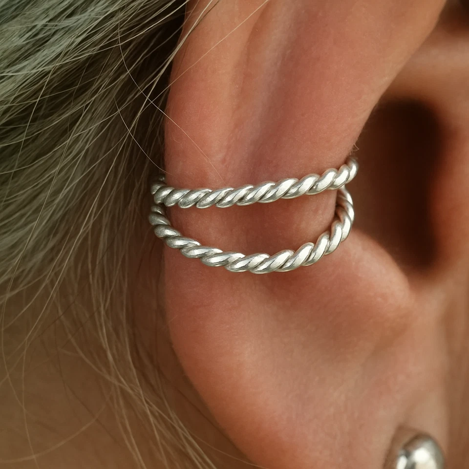 Bijoux en argent sterling 925 avec fil orbital hélice double torsion oreille ... - Photo 3/4