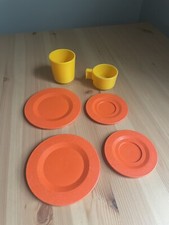 Vintage Fisher Price Fun With Food Dishes Cup Coffee Mug Plates Yellow Orange