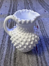 Fenton White Milk Glass Hobnail Ruffled Rim Pitcher Applied Handle 5.75” Vtg