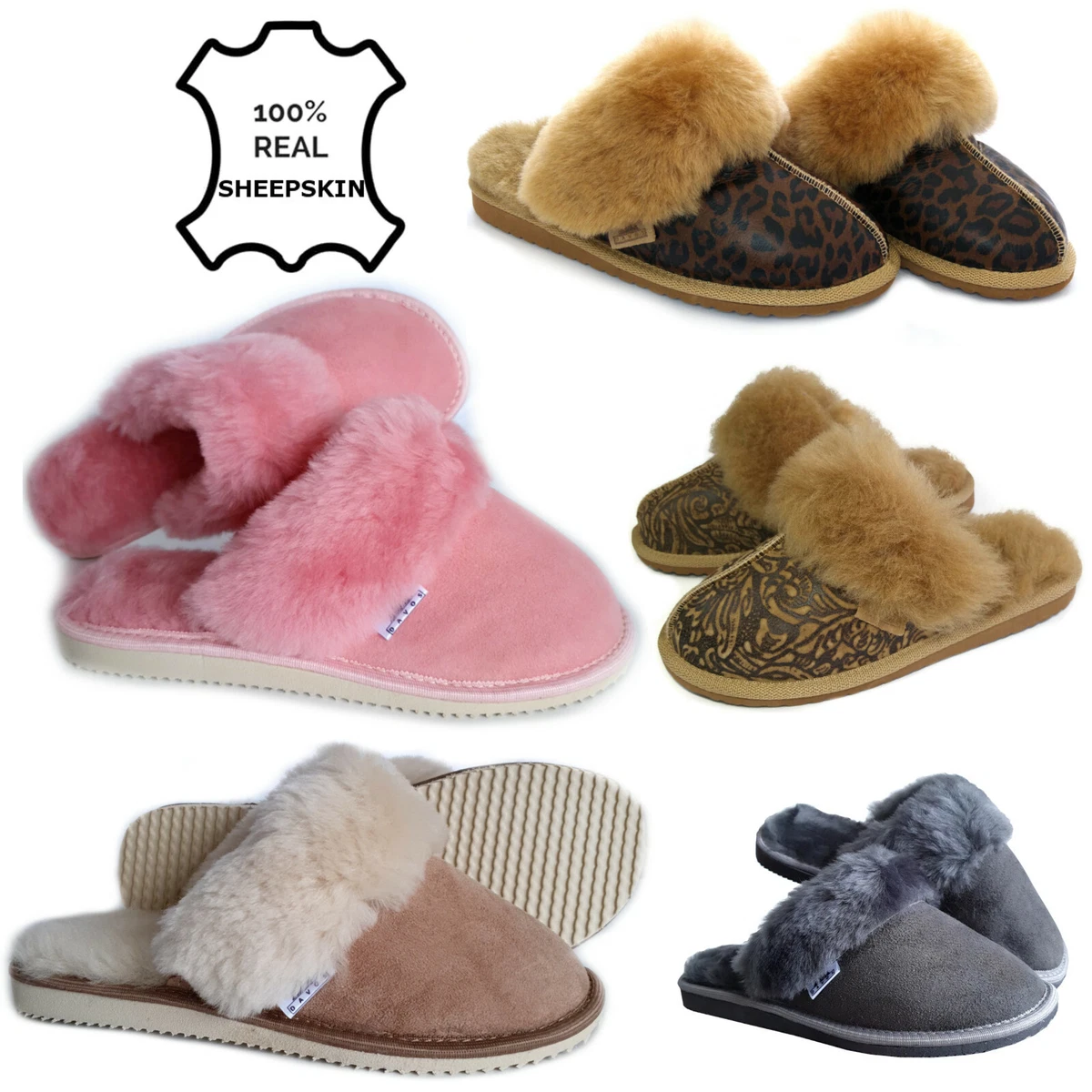 LUXURY Ladies Womens Genuine REAL SHEEPSKIN SLIPPERS Slip on Fur Lined Mules