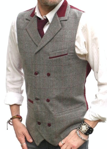 Men's Wool Blend Tweed Waistcoat Vest - Rustic Brown Herringbone Check - All Sizes