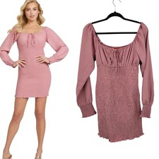 Guess Womens Rose Kisses Molly Smocked Mini Dress Sz M Pink Stretch Long Sleeve