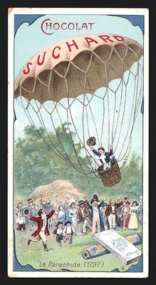 Sammelbild Liebig, Velma Suchard, Schokolade, Mann in einem Korb mit großem Fal 