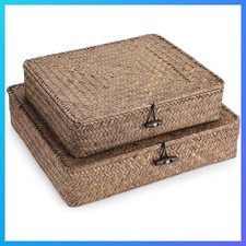 Set of 2 Flat Wicker Storage Basket Bins with Lid Woven Seagrass Box